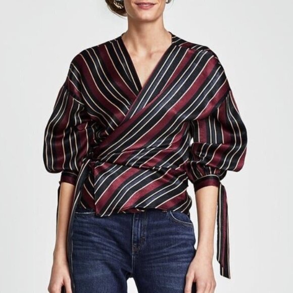 ZARA Striped Satin Wrap Blouse - Picture 2 of 5